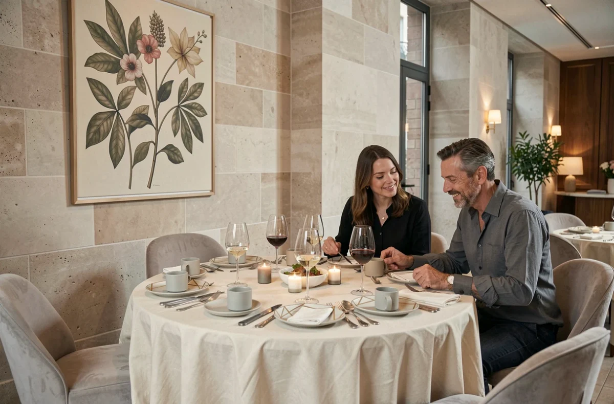Intérieur élégant de la Maison Decoret à Vichy, couple attablé devant une vaisselle Art Déco sur nappe ivoire, œuvre botanique au mur