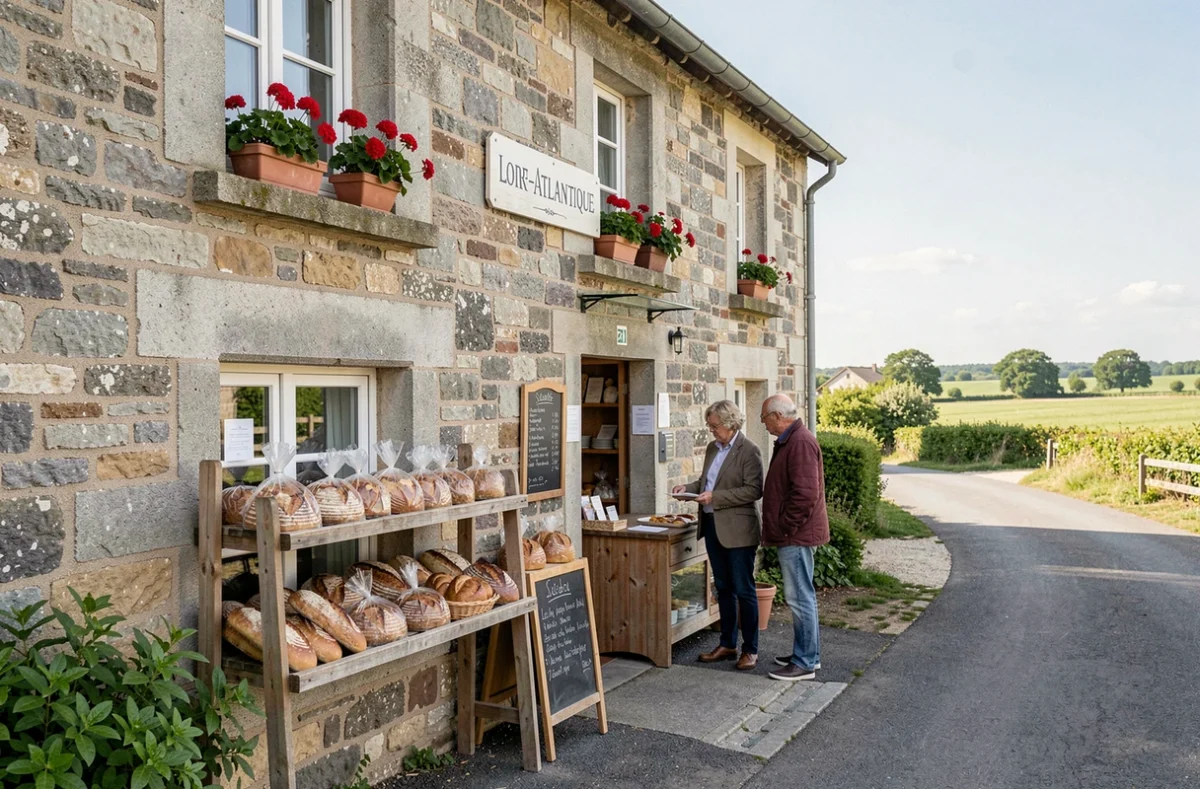 Façade pittoresque de la boulangerie Maison Princet à Saint-Lyphard avec des pains artisanaux exposés à l'entrée et un couple de clients devant la boutique