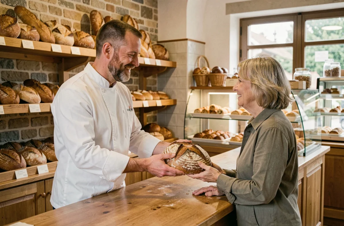 Boulanger de la Maison Tollet à Sargé-lès-Le Mans tendant un pain au levain artisanal à une cliente souriante par-dessus un comptoir en bois