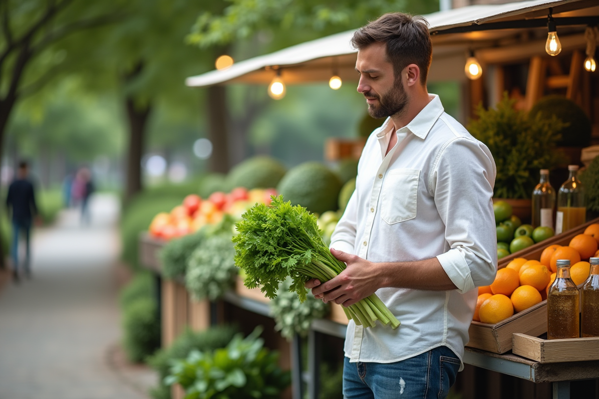 Homme achetant légumes frais au marché en plein air