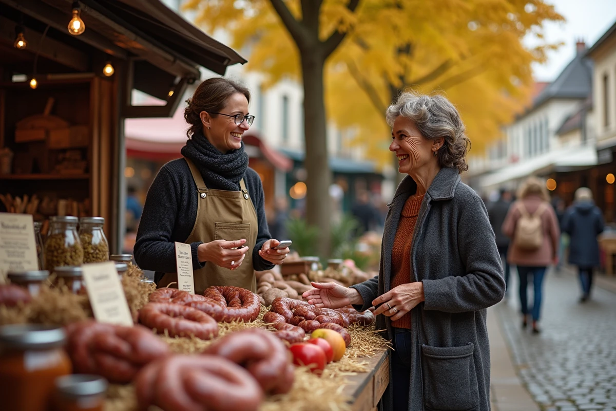 Étal de marché artisanal proposant du boudin noir régional dans un village français en automne