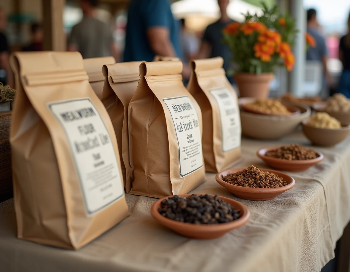 Étal de marché bio présentant des sachets de farine d'insectes — vers de farine, grillons et criquets — avec des échantillons d'insectes séchés à déguster