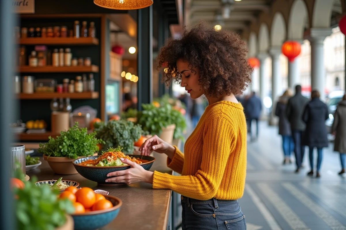 Femme découvrant un plat fusion original dans un marché couvert lyonnais à petit prix