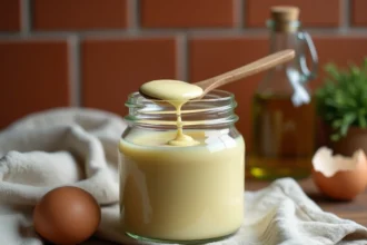 Pot en verre de mayonnaise maison crémeuse avec cuillère en bois, œuf et huile d'olive sur plan de travail en bois