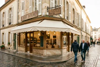 Devanture typique d'une boulangerie artisanale dans les Pays de la Loire avec une façade en pierre et des paniers de pain exposés en vitrine