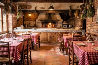 Vue d'ensemble d'une pizzeria italienne rustique en Normandie avec un four à bois en pierre et des tables dressées