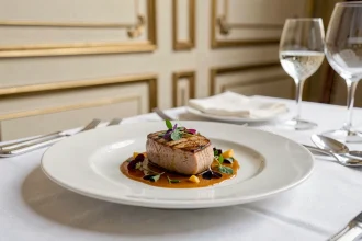 Assiette gastronomique raffinée au foie gras dans un restaurant parisien près de Rivoli, sur nappe en lin blanc
