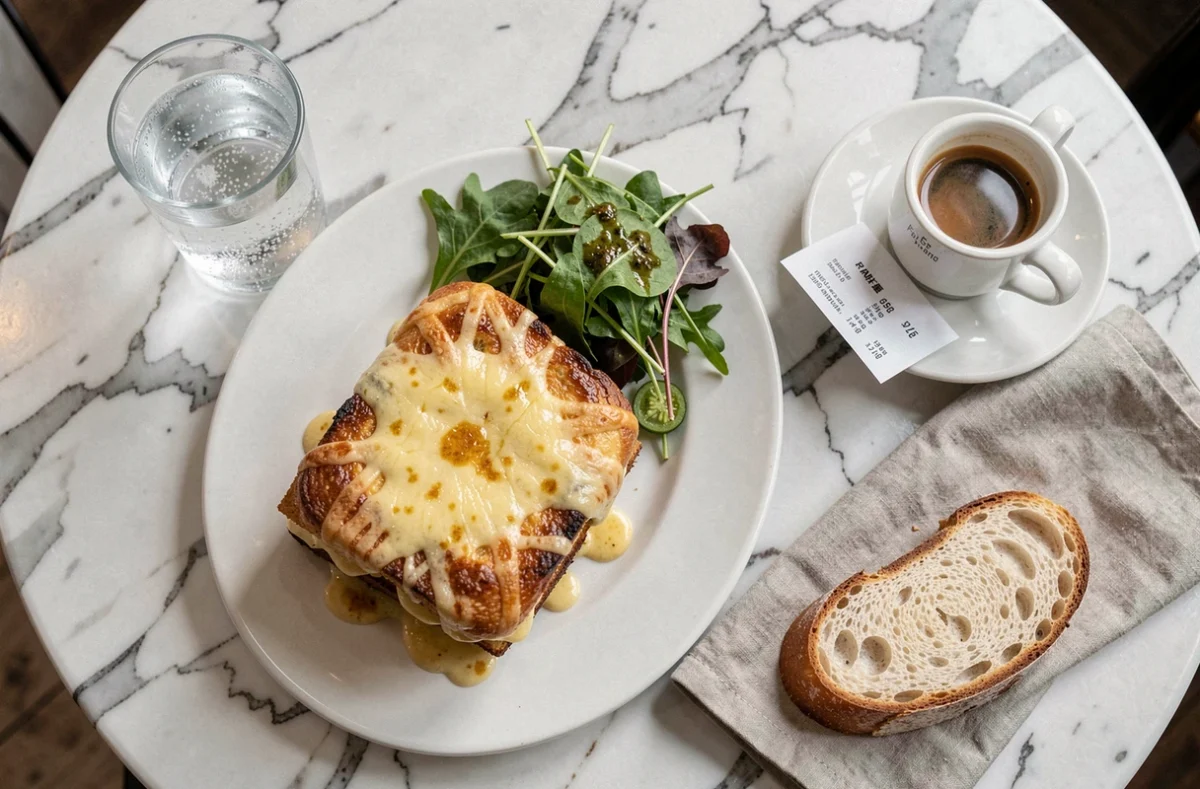 Plateau repas typique d'un café parisien avec croque-monsieur, salade verte, café et addition sur une table en marbre