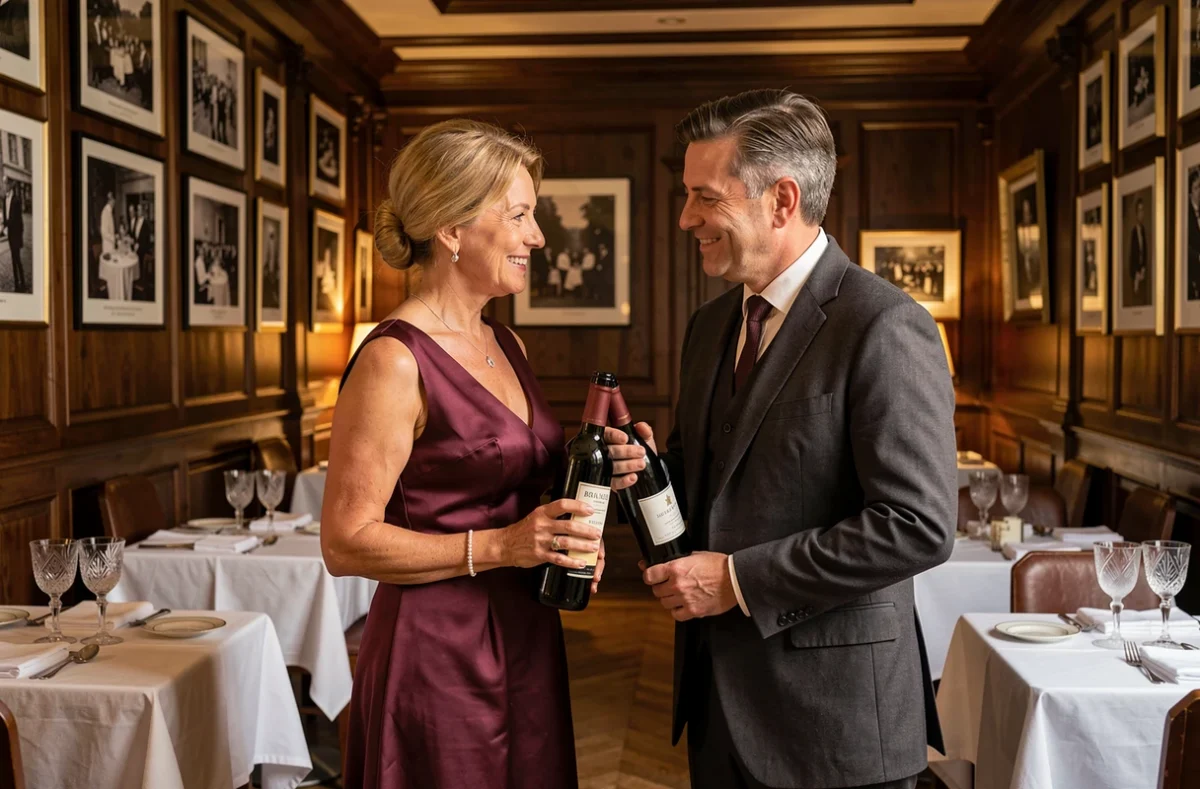 Salle emblématique de La Mère Brazier à Lyon, boiseries sombres et nappes blanches immaculées, couple élégant dégustant un vin de Bourgogne