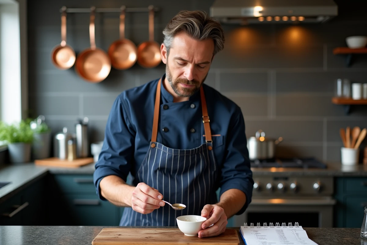 Homme mesurant des portions liquides à la cuillère sans verre doseur avec une fiche de conversion de 125g en cl