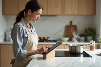 Femme utilisant un minuteur de cuisson en ligne sur tablette dans une cuisine moderne avec plan de travail en marbre