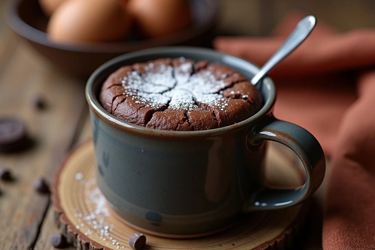 Mugcake au chocolat sans œuf fondant dans un mug en céramique grise avec un cœur coulant et du sucre glace