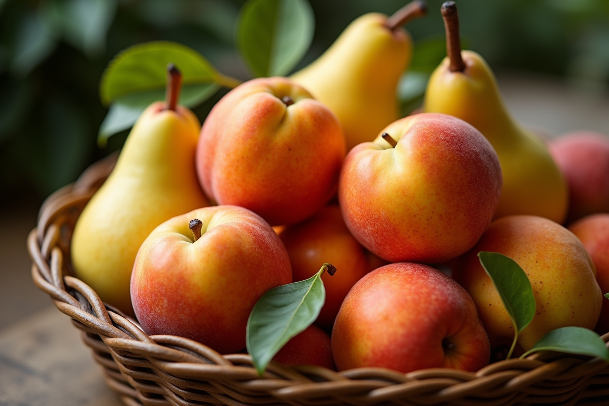 Nectarines et nashi dans un panier en osier