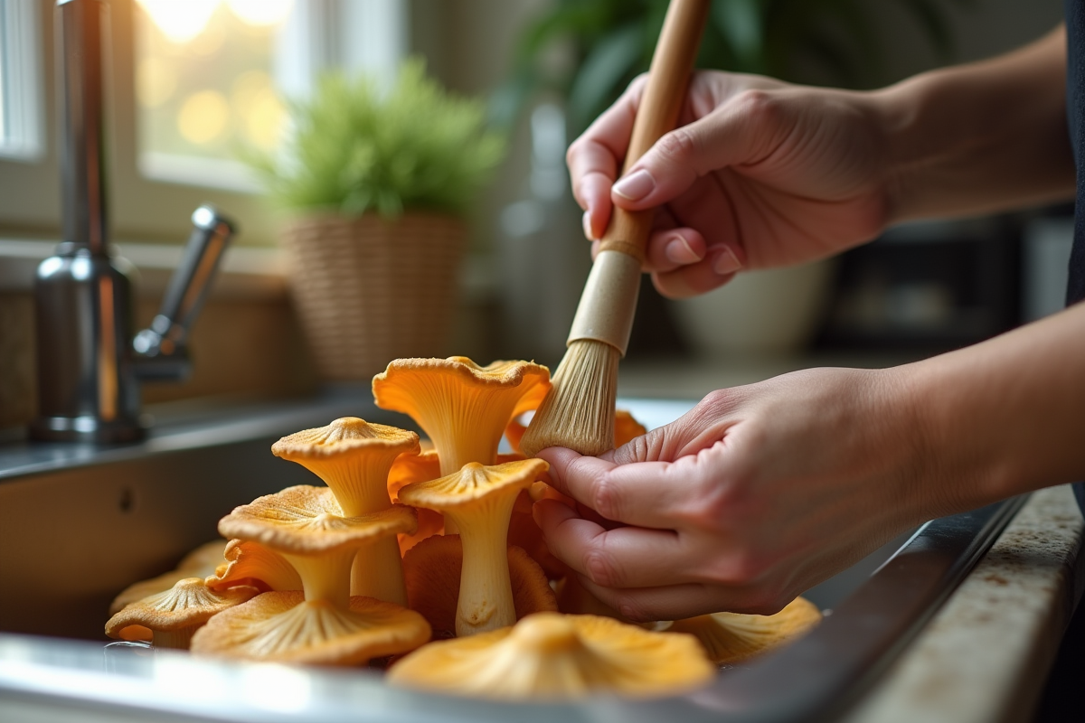 Main nettoyant des chanterelles avec une brosse dans la cuisine