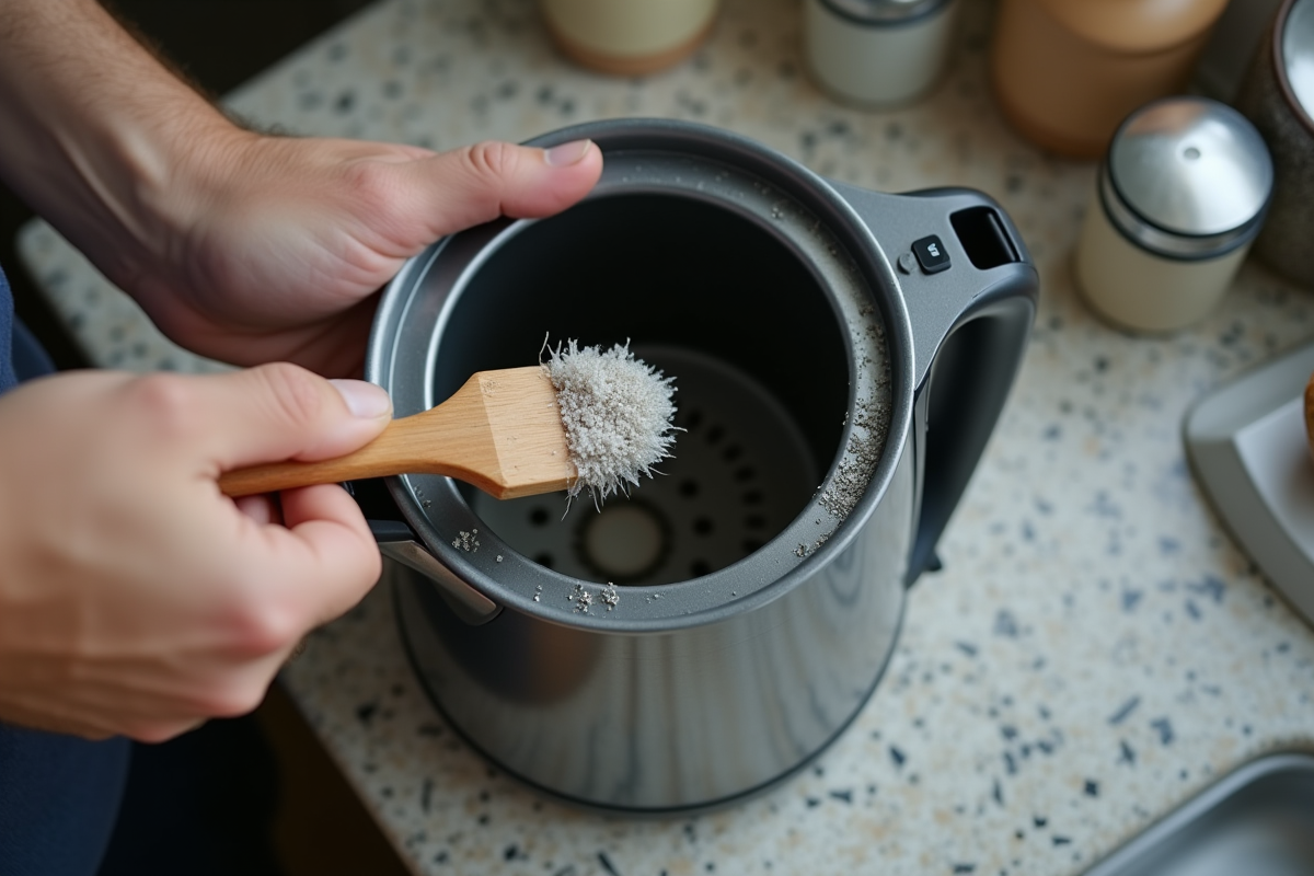 Jeune homme nettoyant le calcaire dans une bouilloire électrique