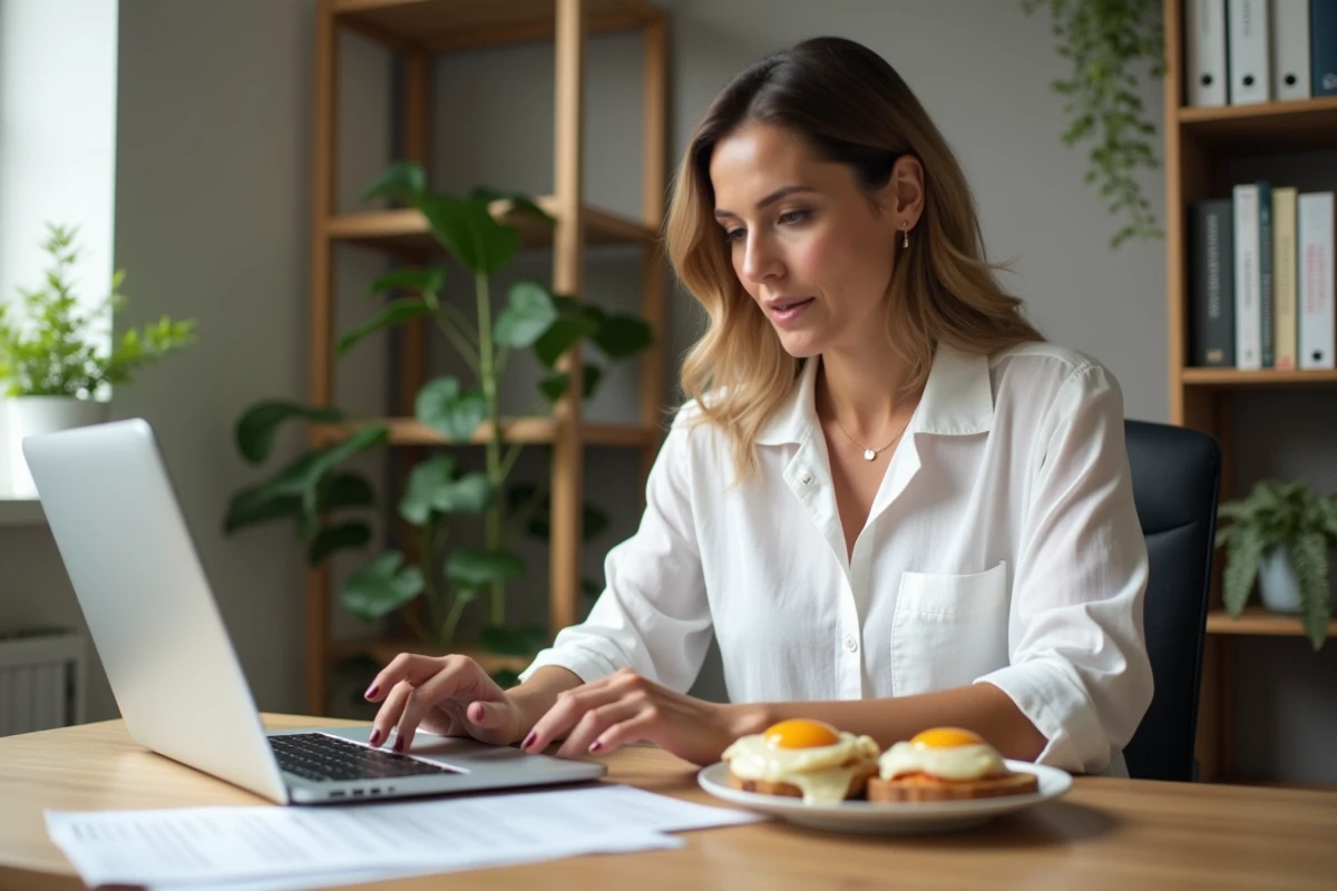 Nutritionniste consultant un document sur le cholestérol alimentaire avec une assiette d'œufs au plat sur toast complet sur son bureau