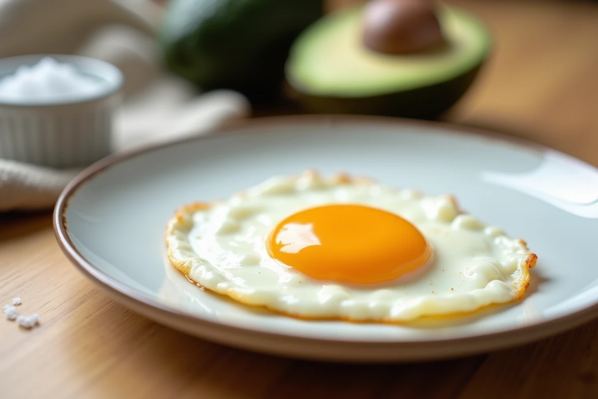 Gros plan d'un œuf au plat sur assiette blanche avec avocat et sel marin, petit-déjeuner sain mettant en valeur les protéines et le cholestérol