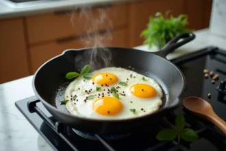 Deux œufs au plat dans une poêle en fonte sur une cuisinière à gaz, vapeur légère, herbes fraîches et poivre noir, ambiance cuisine matinale naturelle