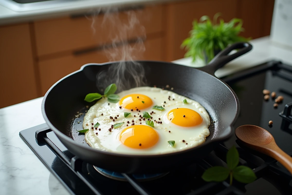 Deux œufs au plat dans une poêle en fonte sur une cuisinière à gaz, vapeur légère, herbes fraîches et poivre noir, ambiance cuisine matinale naturelle