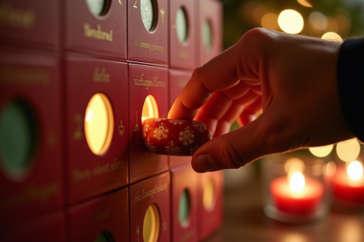 Mains ouvrant une fenêtre du calendrier de l