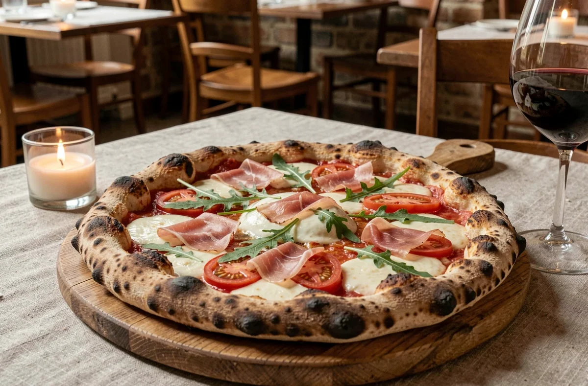 Pizza napolitaine artisanale du restaurant Paffuto à Caen servie sur une planche en bois avec prosciutto et roquette