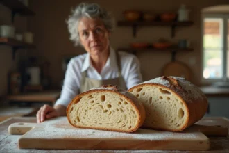 Pain de campagne compact tranché sur une planche en bois rustique, révélant une mie dense sans alvéoles, tenu par une femme en tablier de lin dans une cuisine artisanale