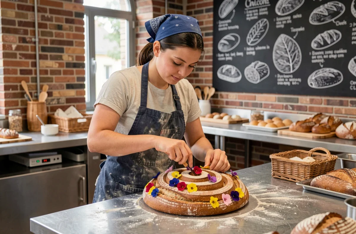 Boulangère de Painssionnément Gourmand à Luçon appliquant des décorations florales comestibles sur un pain artisanal au design créatif et original