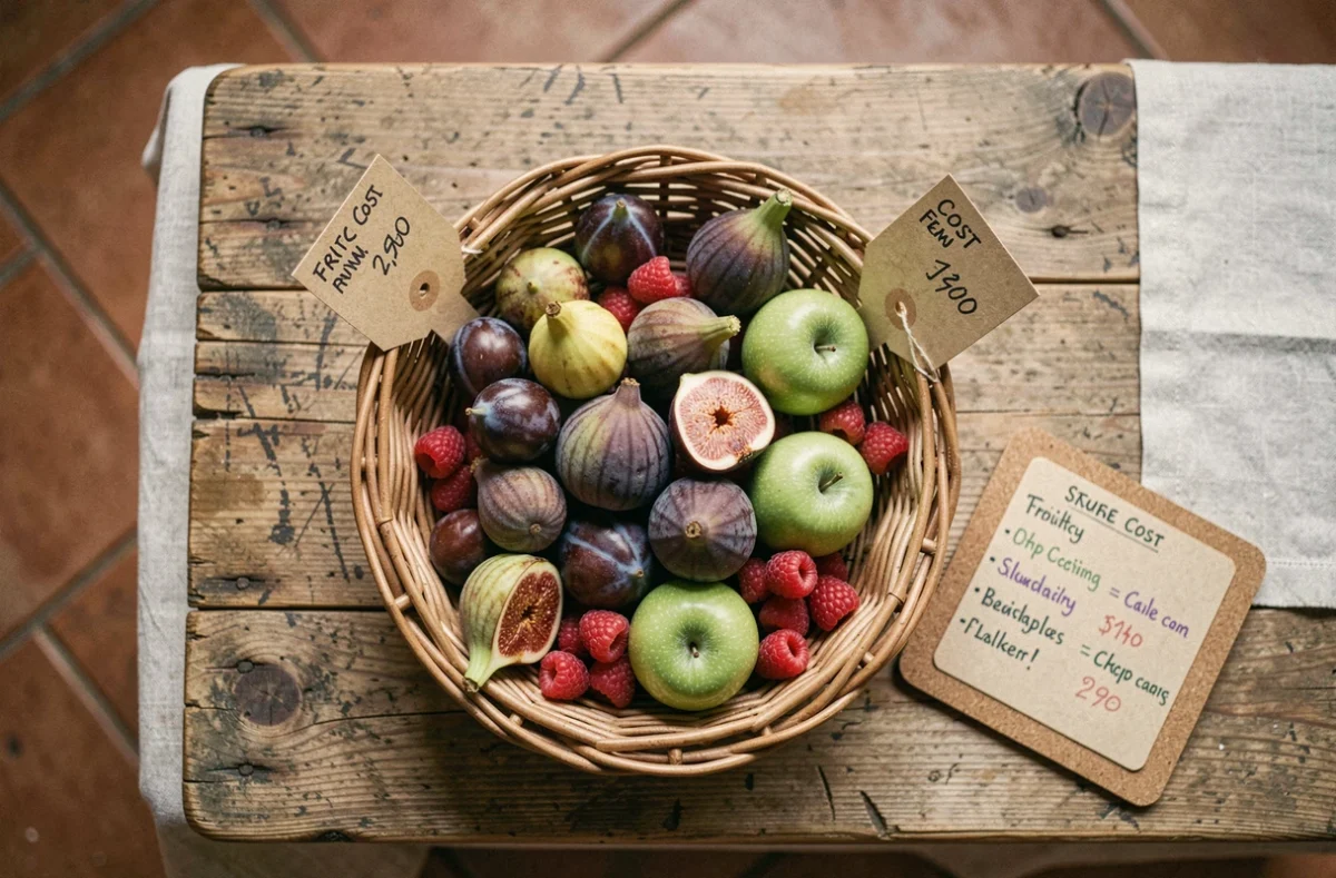 Vue du dessus d'un panier en osier rempli de fruits de saison variés avec des étiquettes de prix manuscrites sur une table en bois rustique