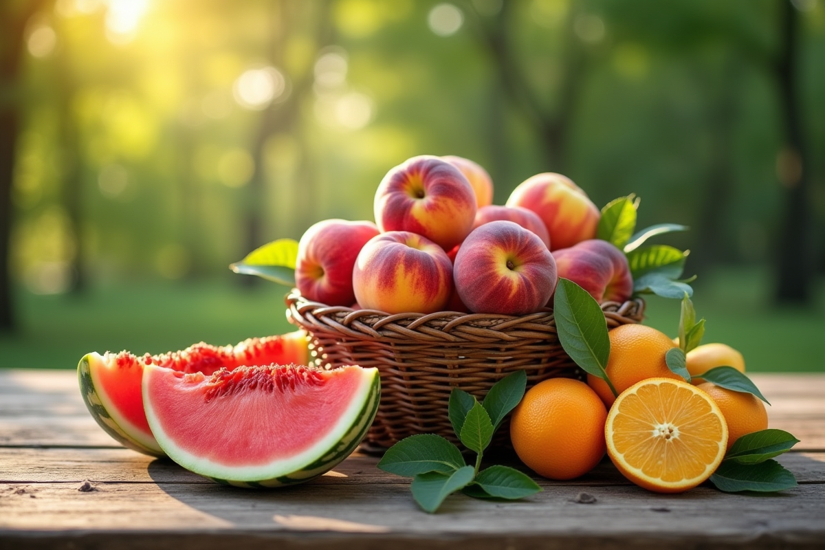 Panier de pêches et tranches de melon sur table en bois
