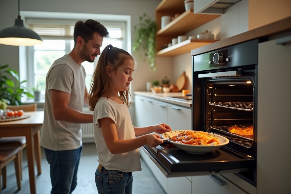 Père et fille chargent un four vapeur en cuisine