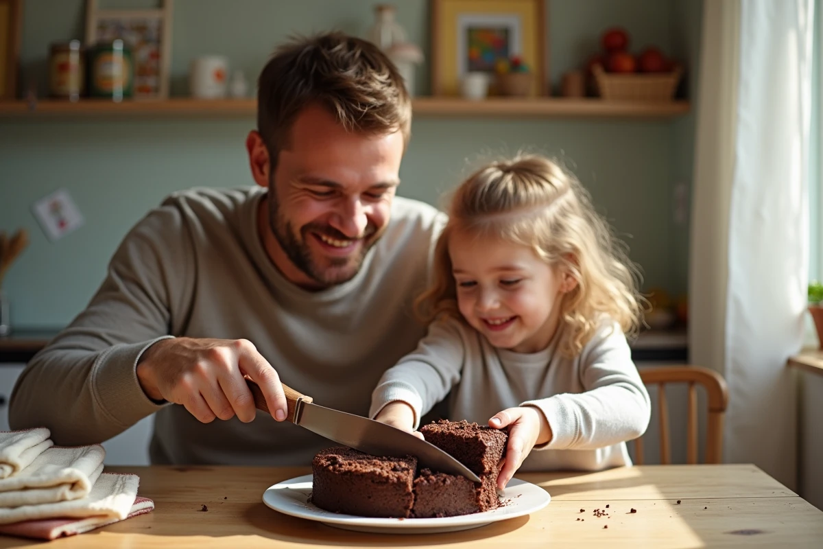 Père et fille partageant un gâteau au chocolat dans la salle à manger