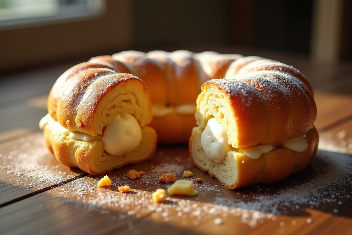 Gâteau ParisBrest tranché avec crème praline sur table en bois