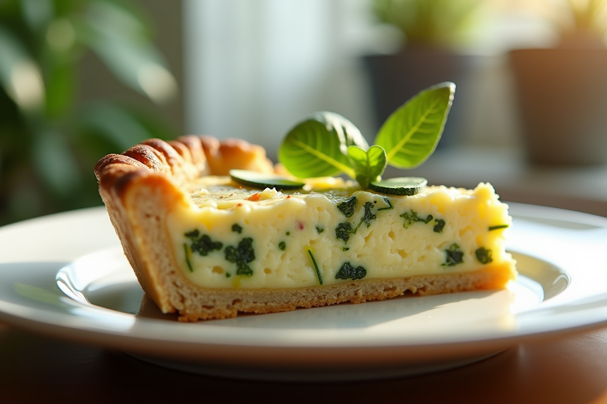 Partie de tarte courgette et chèvre sur assiette en céramique