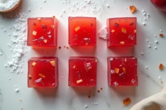 Pâtes de fruit à la pomme au jus brut, cubes brillants rouge-ambré saupoudrés de sucre cristallisé sur marbre blanc