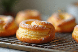 Choux pâtissiers dorés avec croûte craquelin en refroidissement