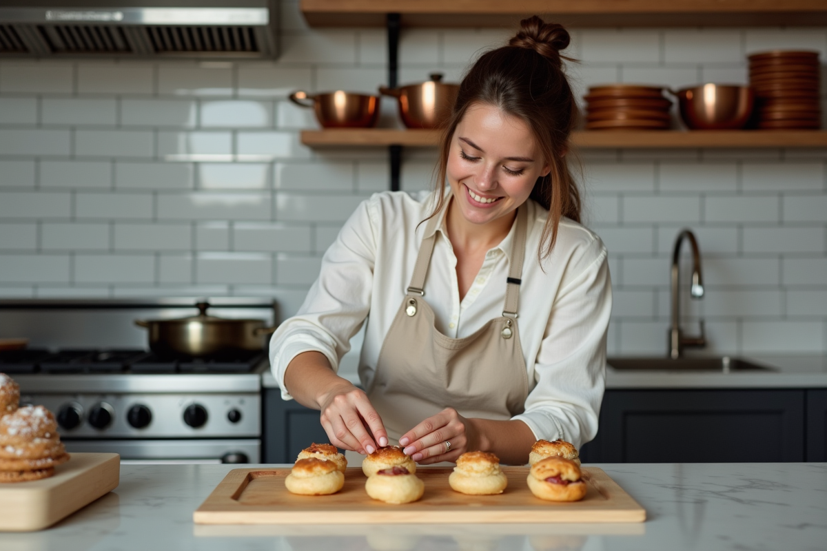 Femme souriante préparant des pâtisseries dans une cuisine parisienne
