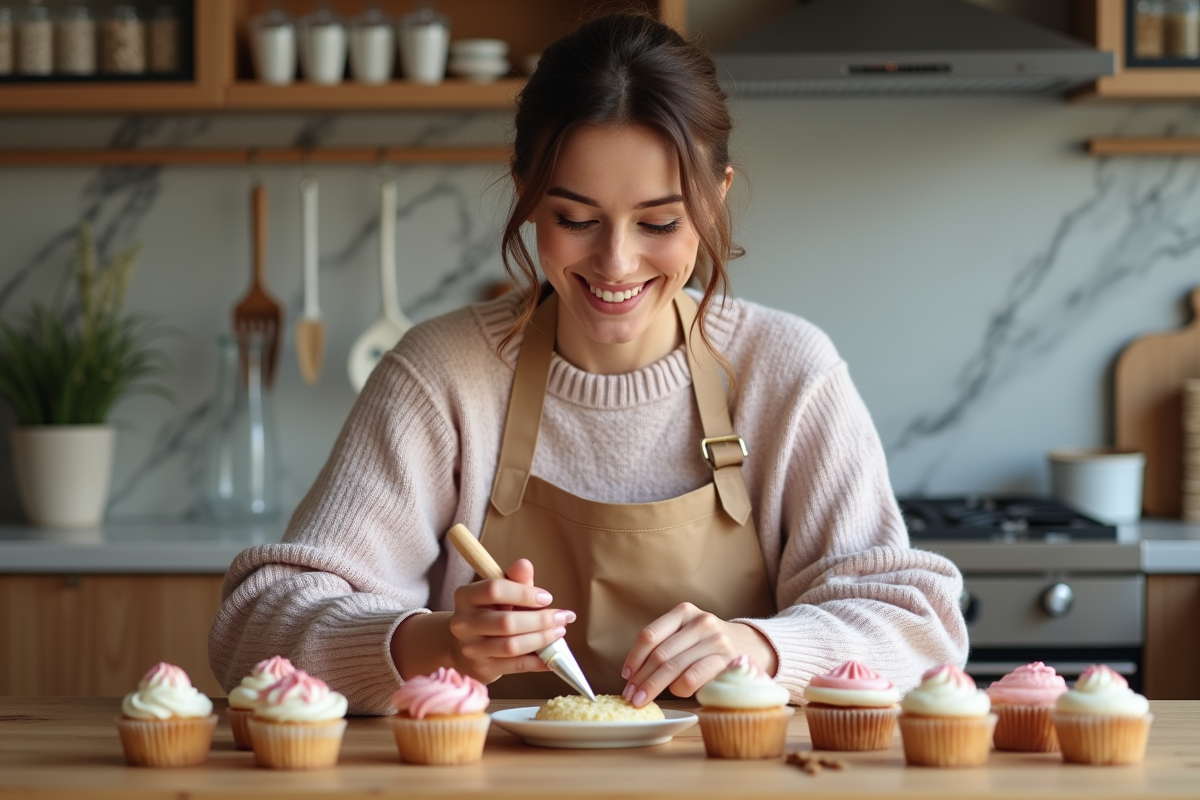 Femme souriante décorant des cupcakes dans une cuisine chaleureuse