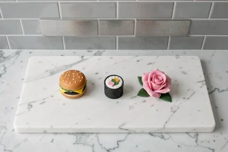 Collection de pâtisseries trompe l'oeil disposées sur marbre blanc en vue de dessus, imitant des objets du quotidien avec des détails en fondant peints à la main