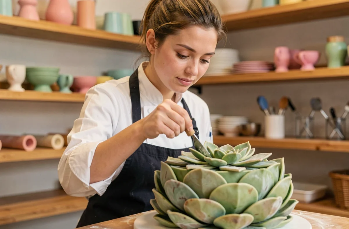 Jeune pâtissière en veste blanche appliquant une touche finale sur un gâteau trompe l'oeil en forme de plante succulente dans un atelier artisanal moderne