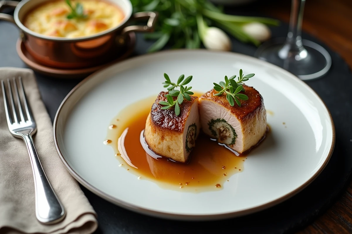 Paupiette de veau tranchée et élégamment dressée avec gratin dauphinois et jus réduit sur table en ardoise