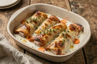 Paupiettes de porc au four dans un plat en céramique rustique avec sauce au vin blanc onctueuse et herbes fraîches
