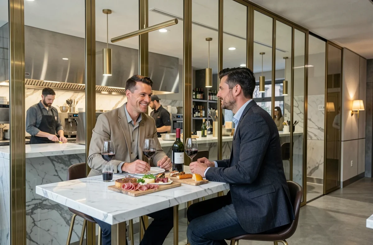 Salle moderne de Pavyllon Lyon avec partitions en verre fumé et cuisine ouverte en marbre, couple en tenue contemporaine devant un accord mets et vins