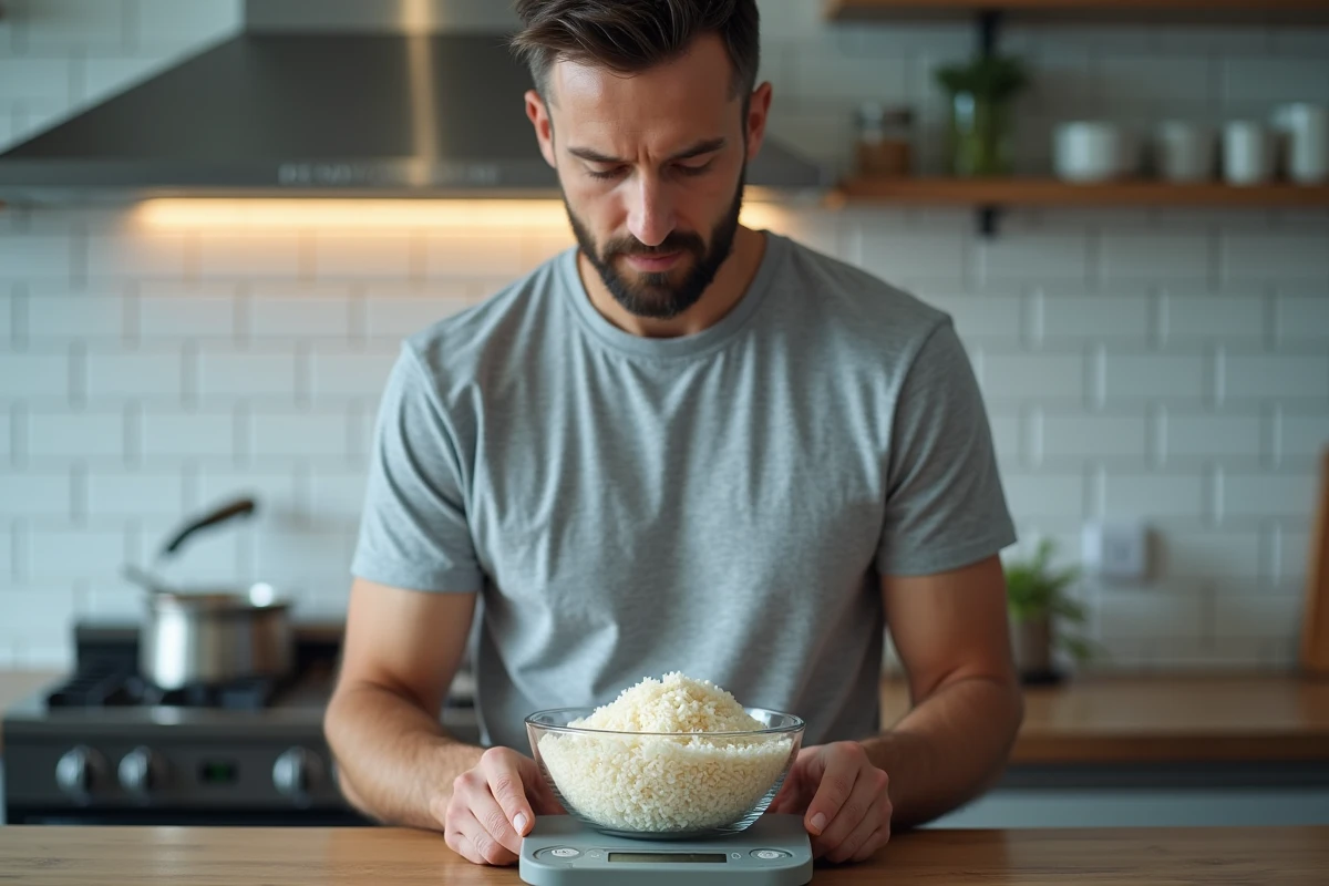 Homme pesant une portion de riz cru sec sur une balance de cuisine numérique
