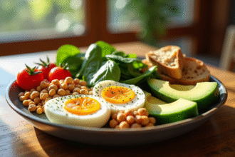 Assiette de petit déjeuner colorée sur une table en bois avec œufs avocats tomates cerises