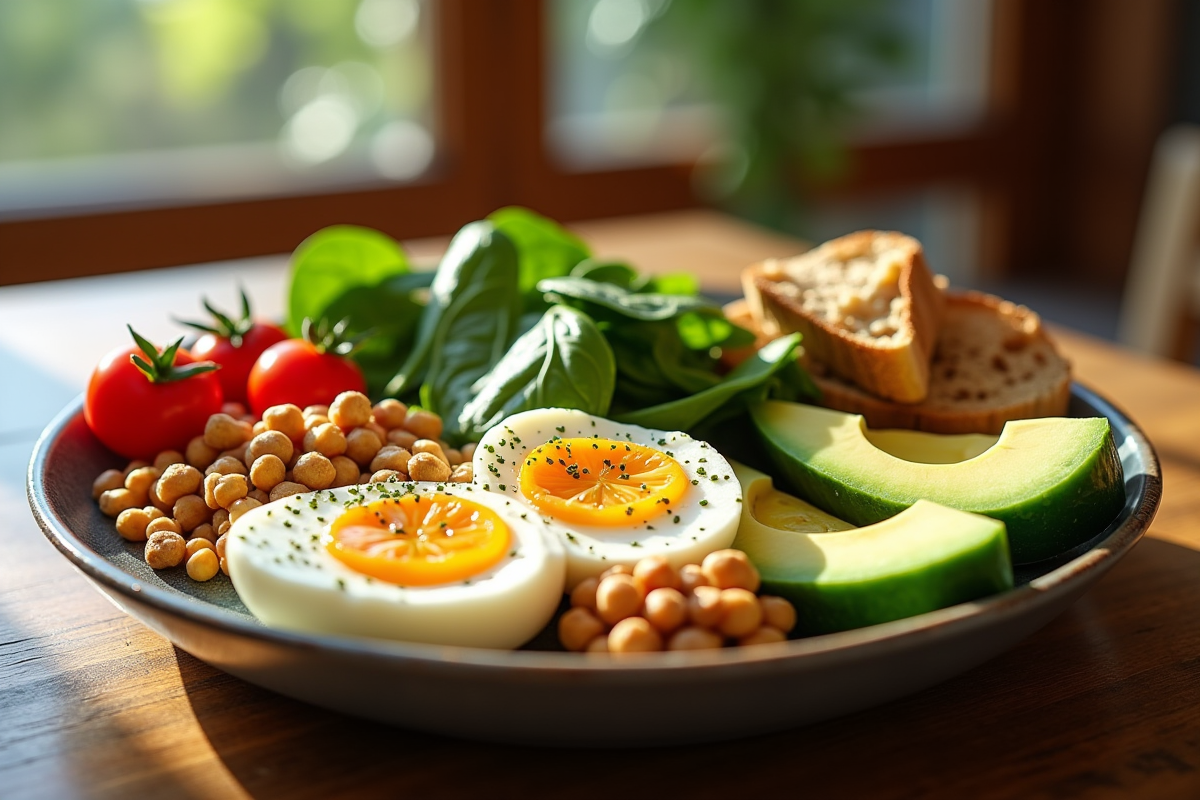 Assiette de petit déjeuner colorée sur une table en bois avec œufs avocats tomates cerises