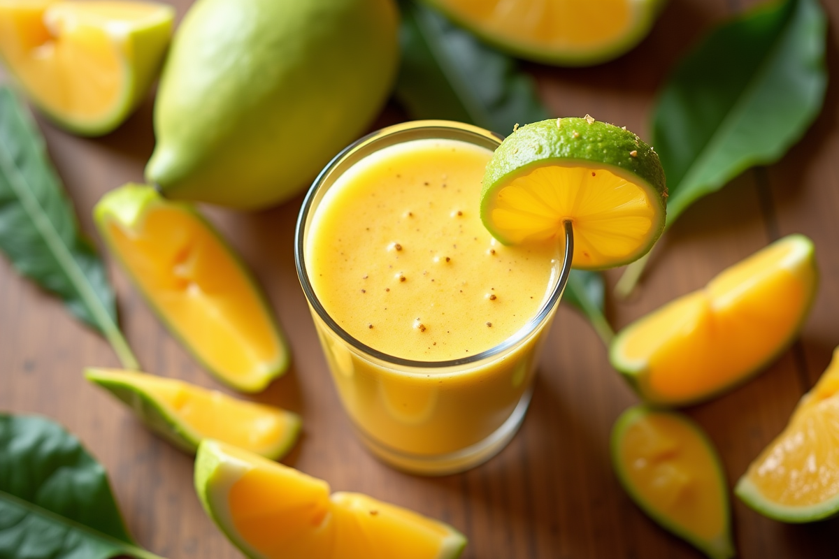 Petit déjeuner avec smoothie de soursop et morceaux de fruit