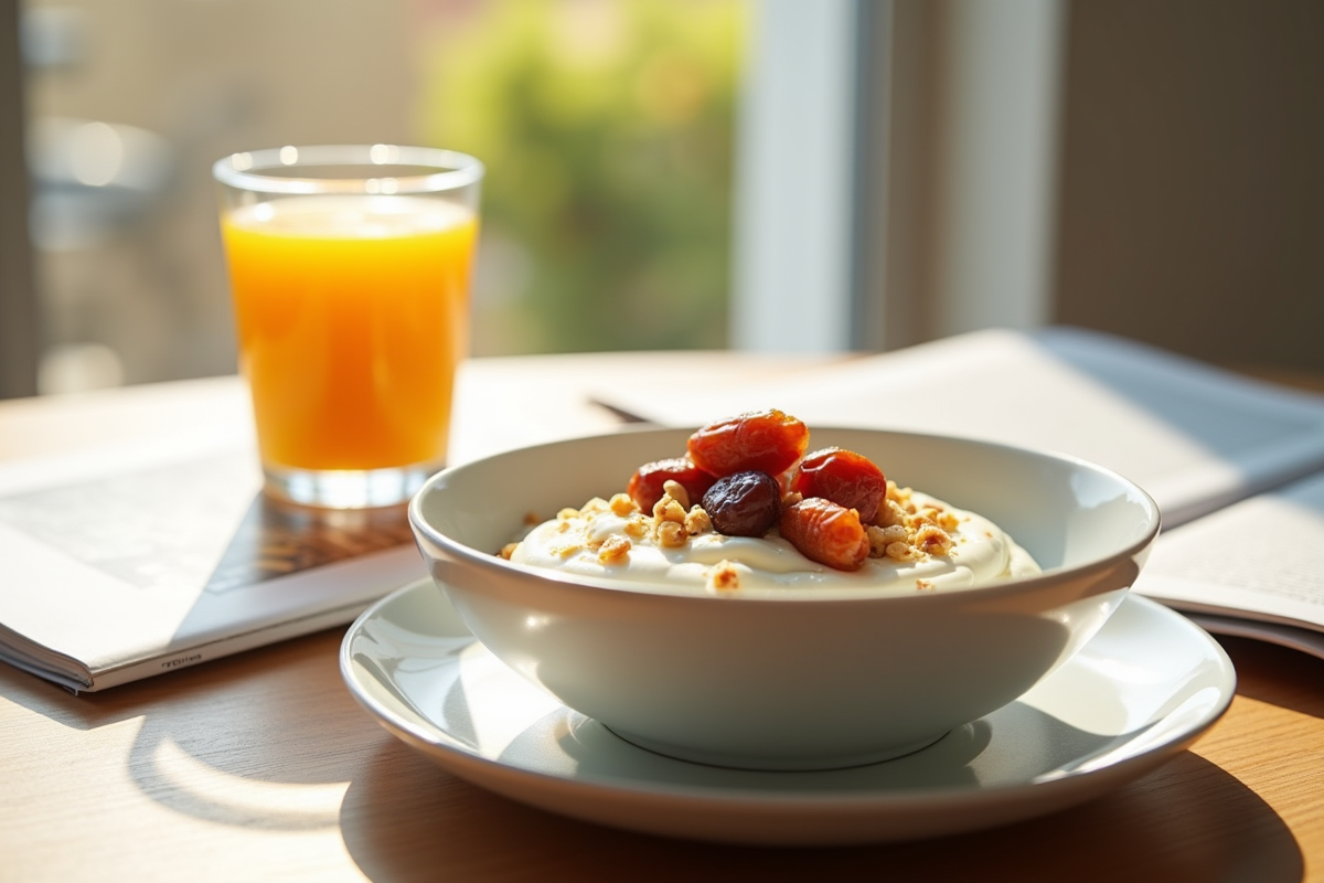 Petit déjeuner avec yogourt grec dattes et miel lumineux