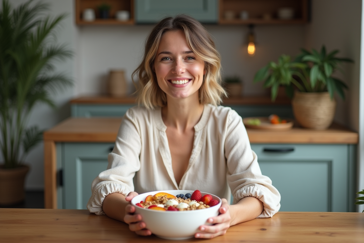 Femme souriante prenant un petit déjeuner sain dans une cuisine chaleureuse