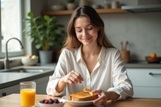 Femme souriante prenant un toast complet dans une cuisine lumineuse