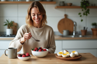 Femme souriante préparant un petit déjeuner riche en protéines